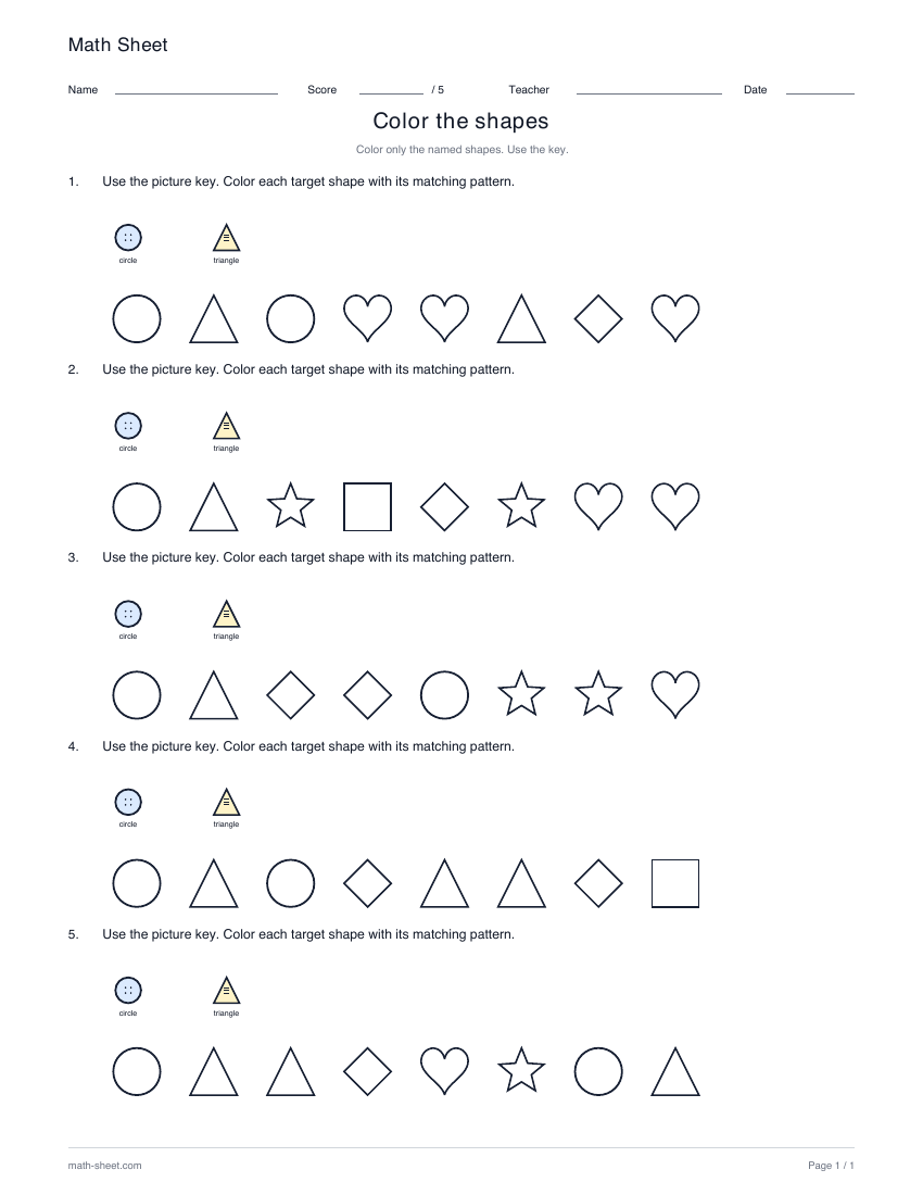 Printable color the shapes worksheet preview
