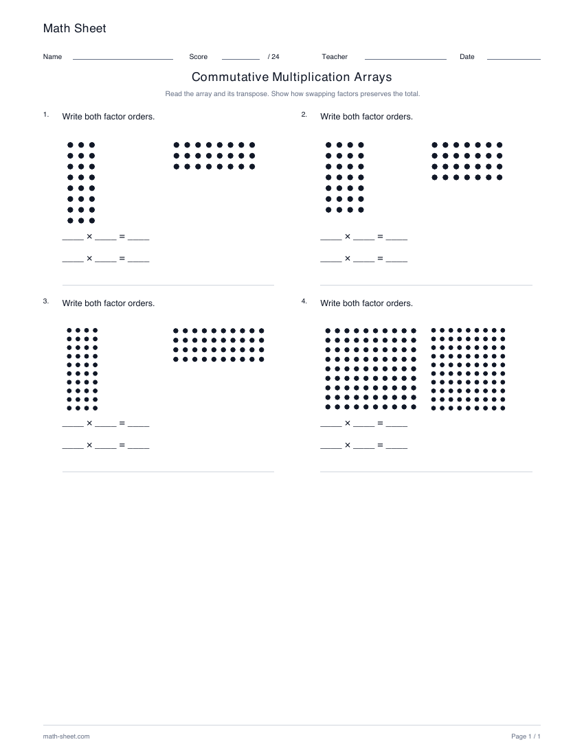 Printable commutative multiplication arrays worksheet preview