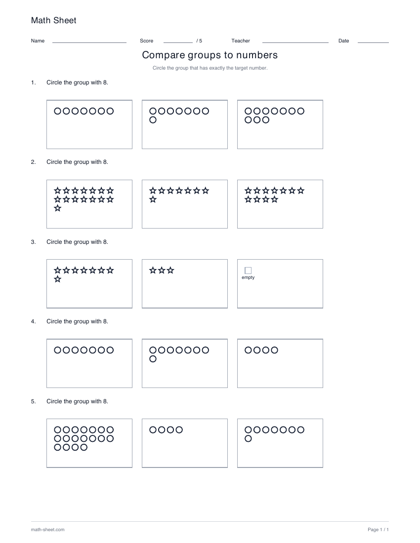 Printable compare groups to numbers worksheet preview