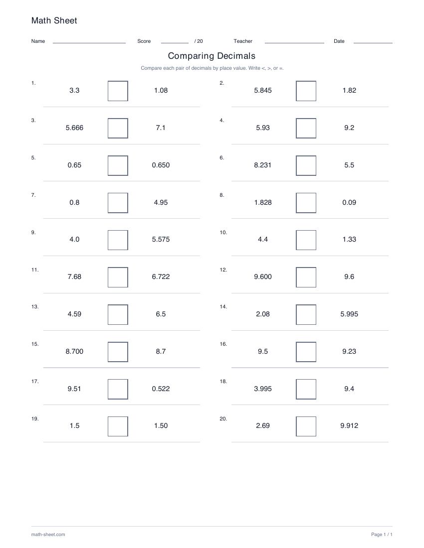 Printable compare decimals worksheet preview