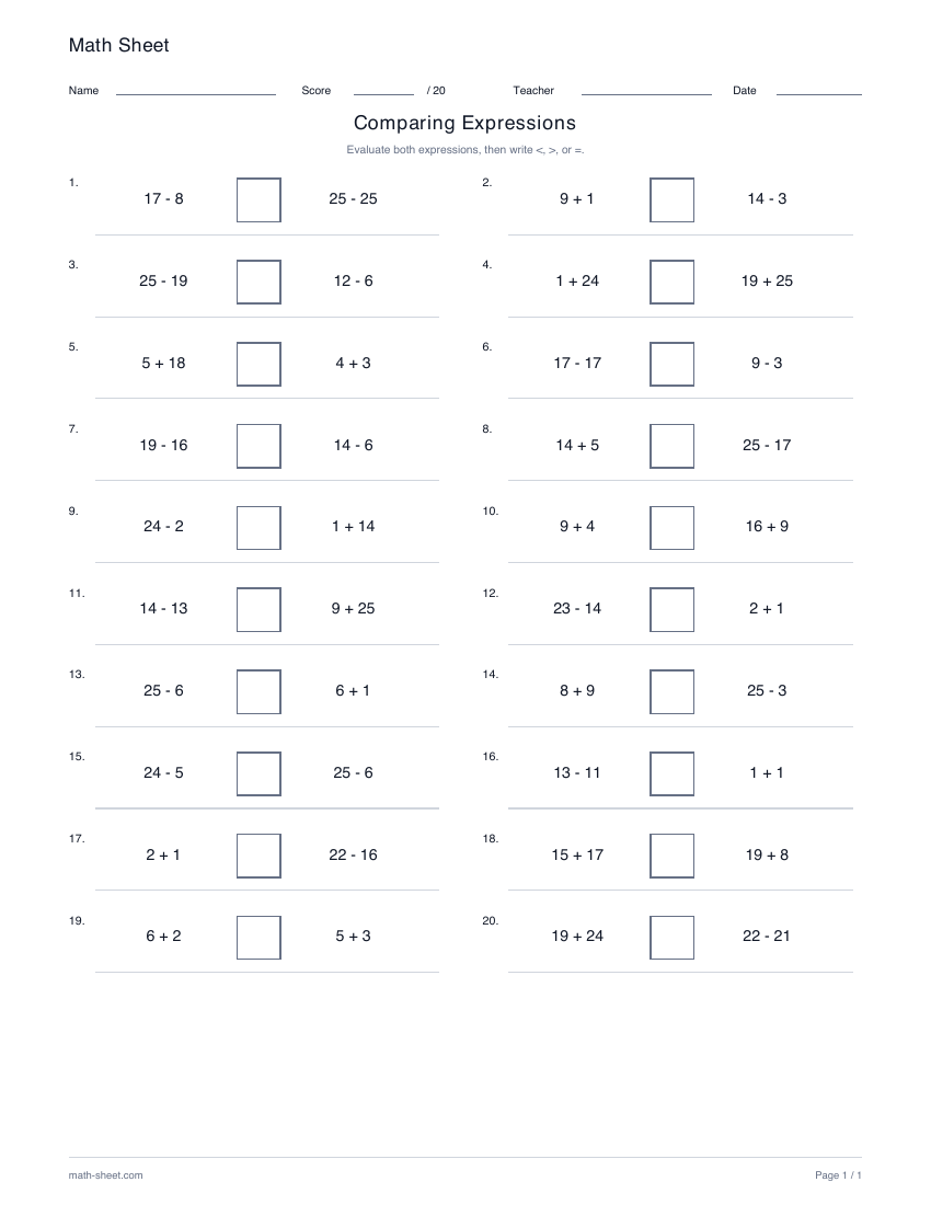First page of the mixed addition and subtraction expression comparison worksheet