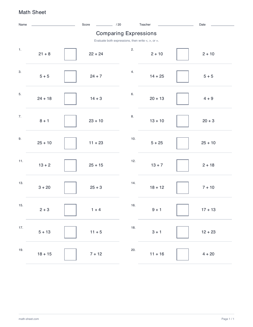 Printable compare arithmetic expressions worksheet preview