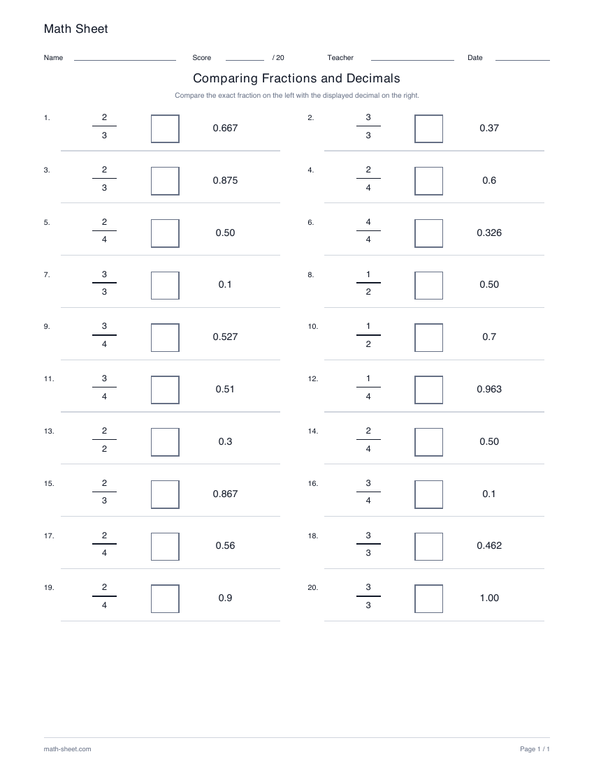 Printable compare fractions and decimals worksheet preview