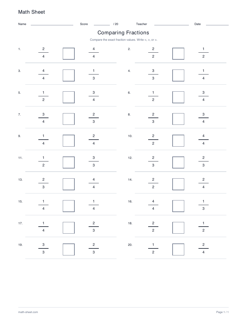 Printable comparing fractions worksheet preview