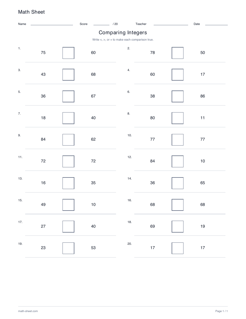 Printable compare integers worksheet preview