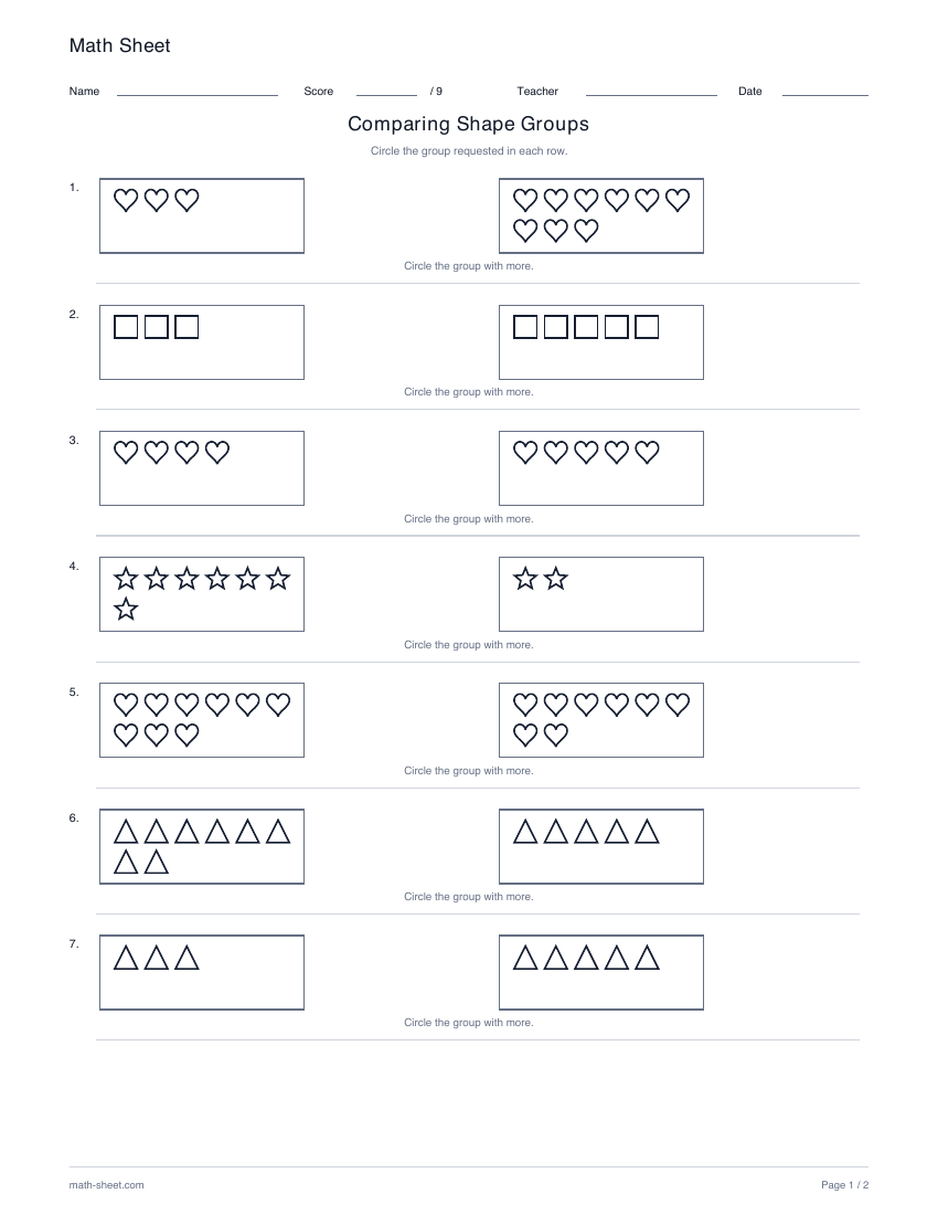 Printable compare shape groups worksheet preview
