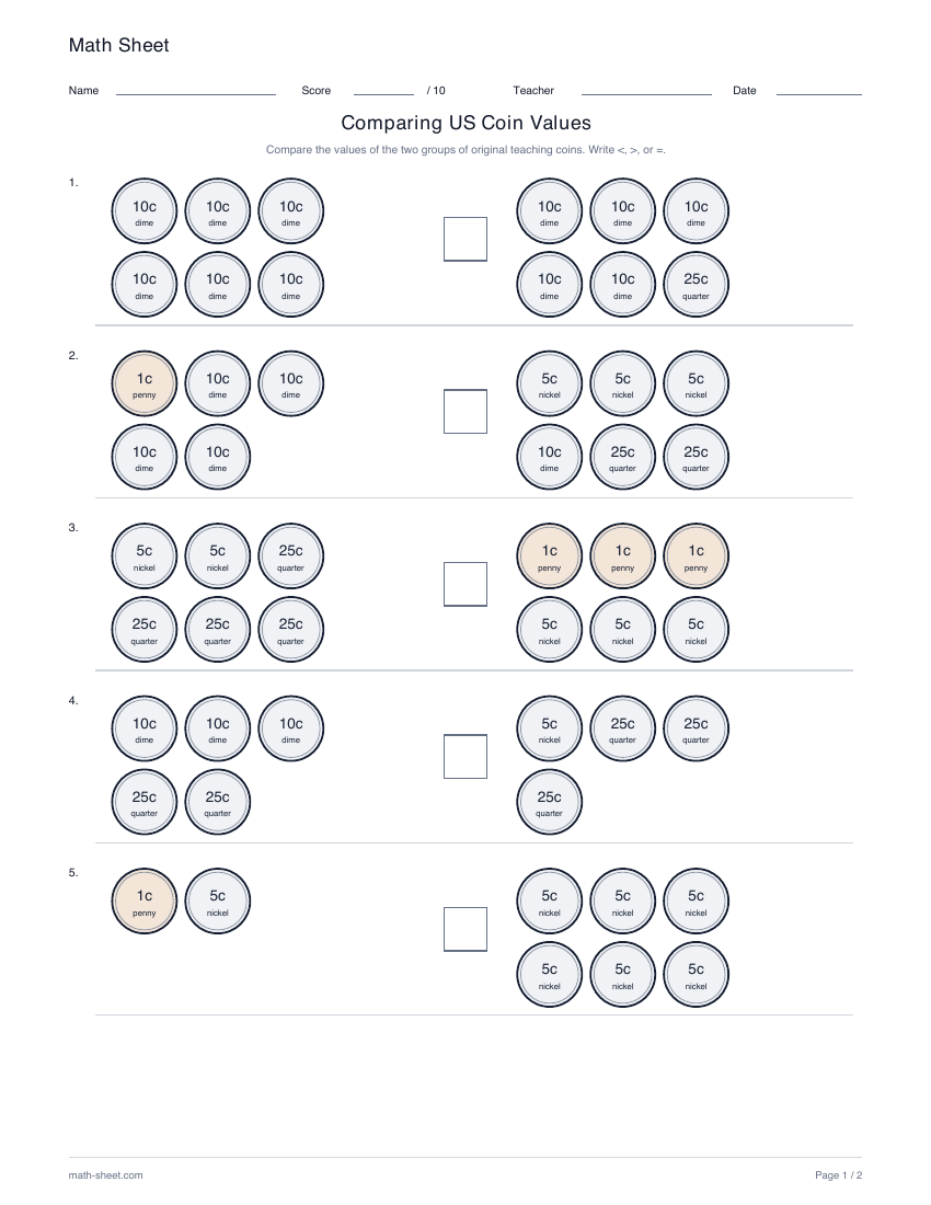 Printable compare us coin values worksheet preview