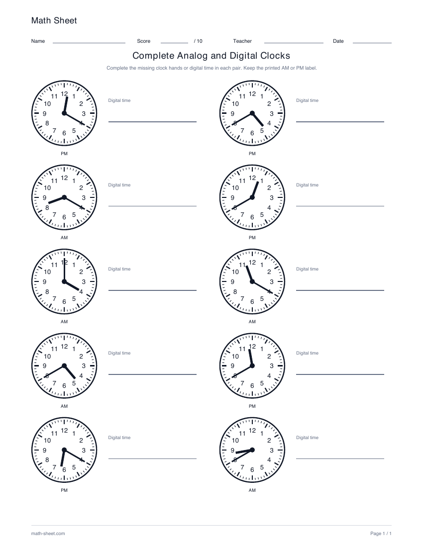Printable complete analog and digital clocks worksheet preview