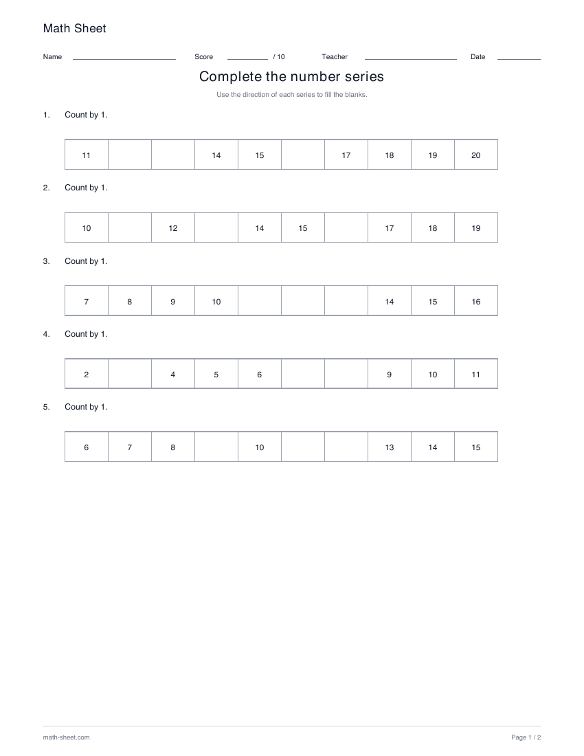 Printable complete the number series worksheet preview