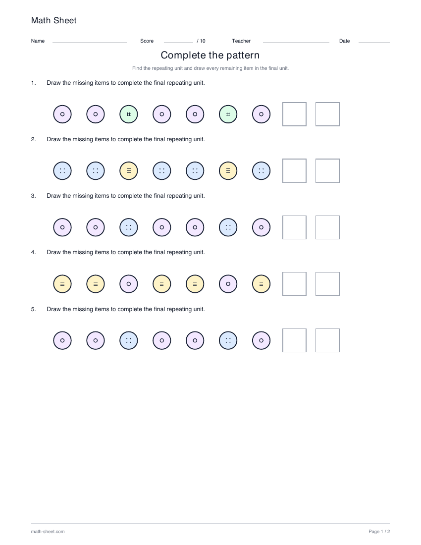 Colors · 3-item units: printable repeating pattern worksheet