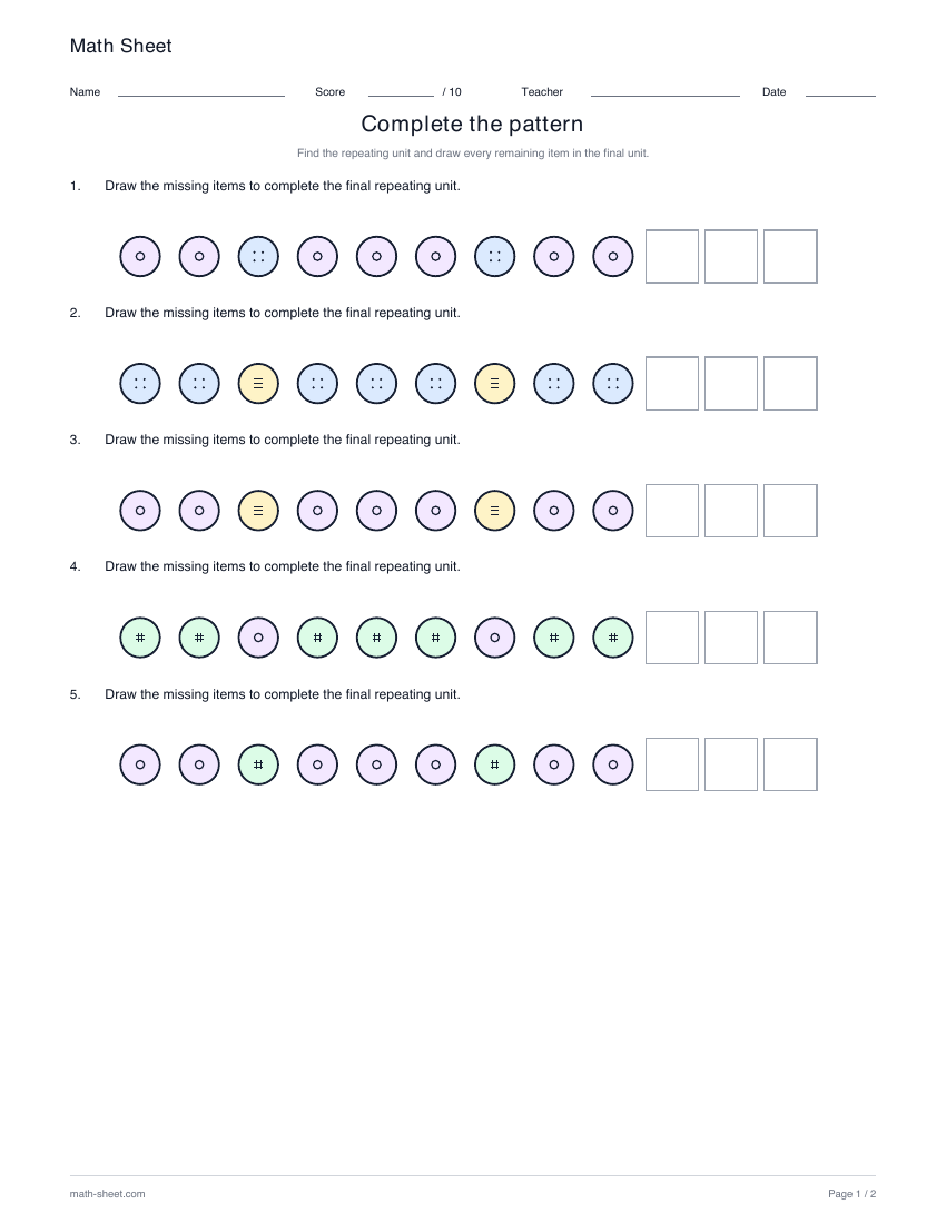 Colors · 4-item units: printable repeating pattern worksheet