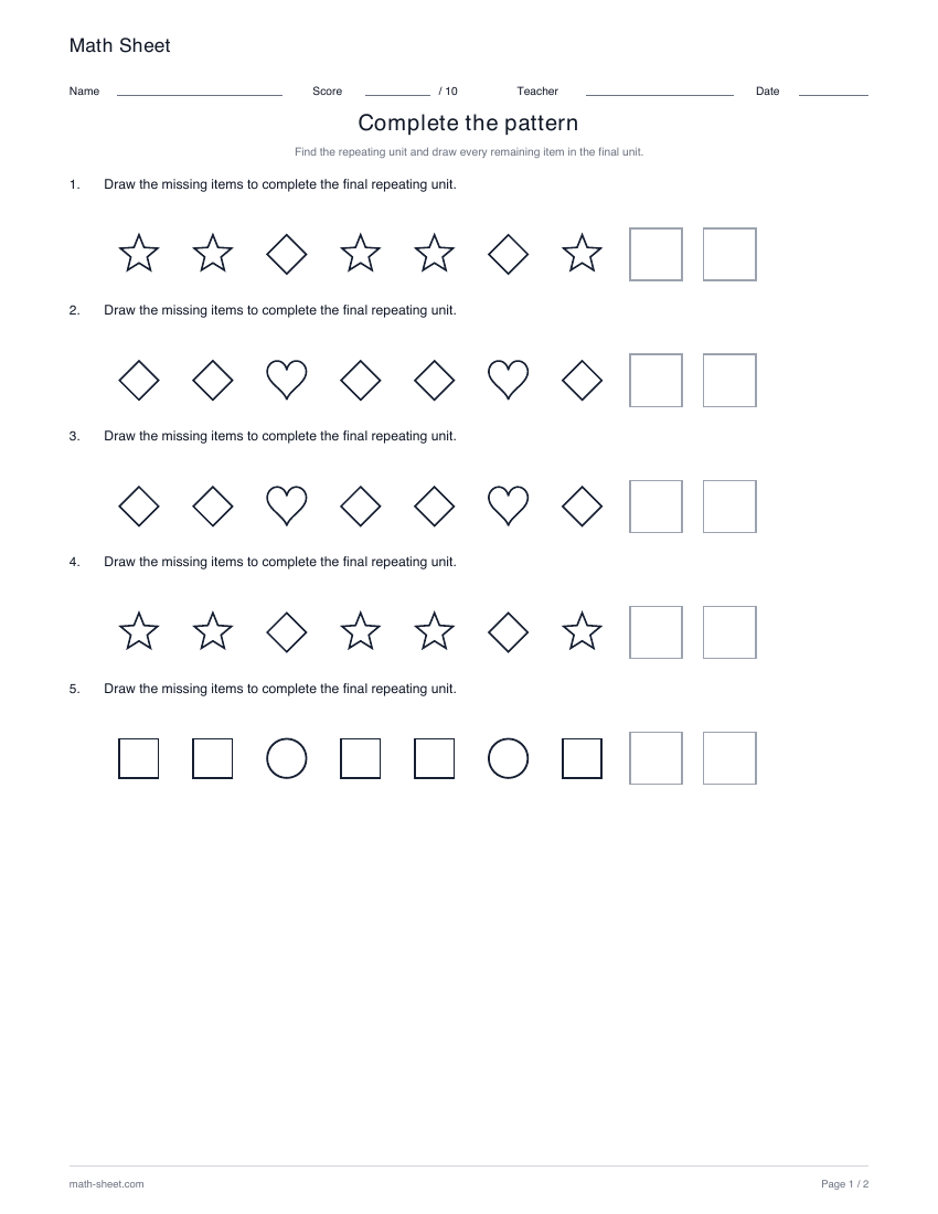 Shapes · 3-item units: printable repeating pattern worksheet