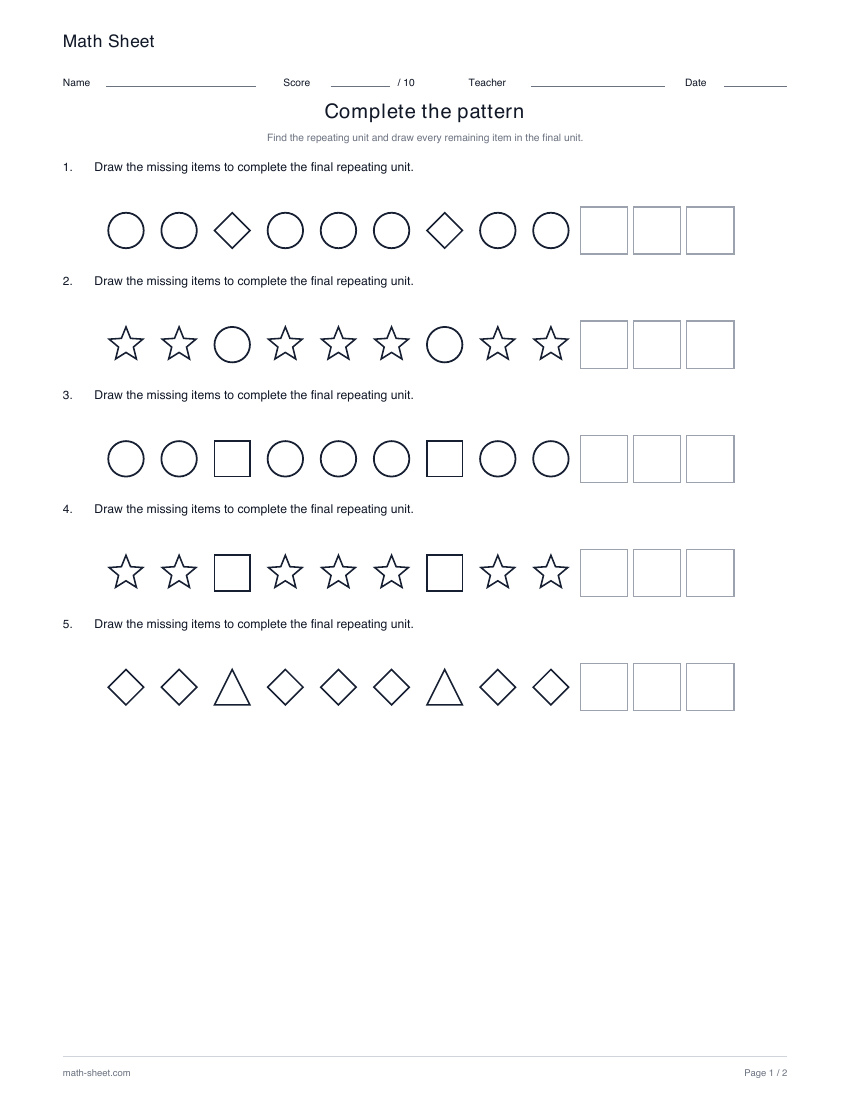 Shapes · 4-item units: printable repeating pattern worksheet