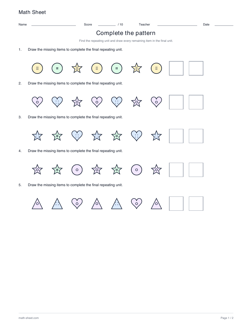 Shapes and colors · 3-item units: printable repeating pattern worksheet