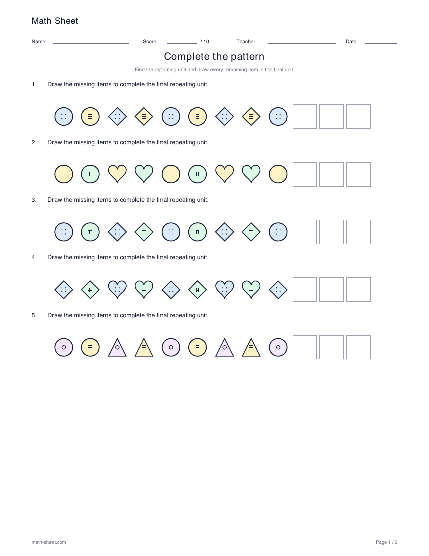 Shapes and colors · 4-item units: printable repeating pattern worksheet