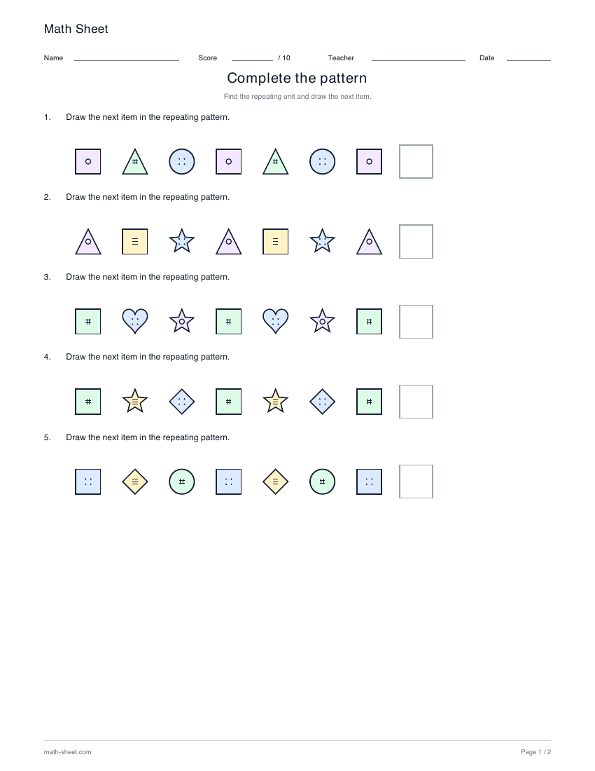 Printable complete the pattern worksheet preview