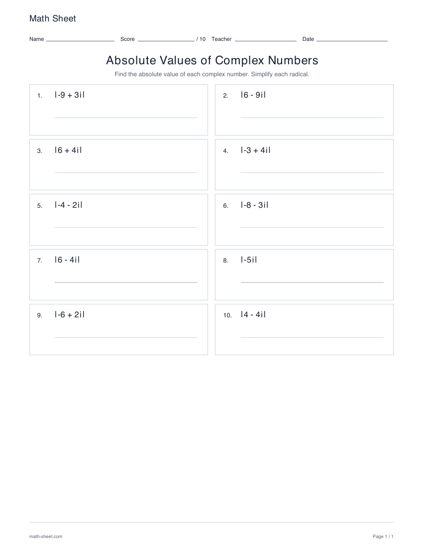 First page preview: Absolute value of complex numbers worksheets