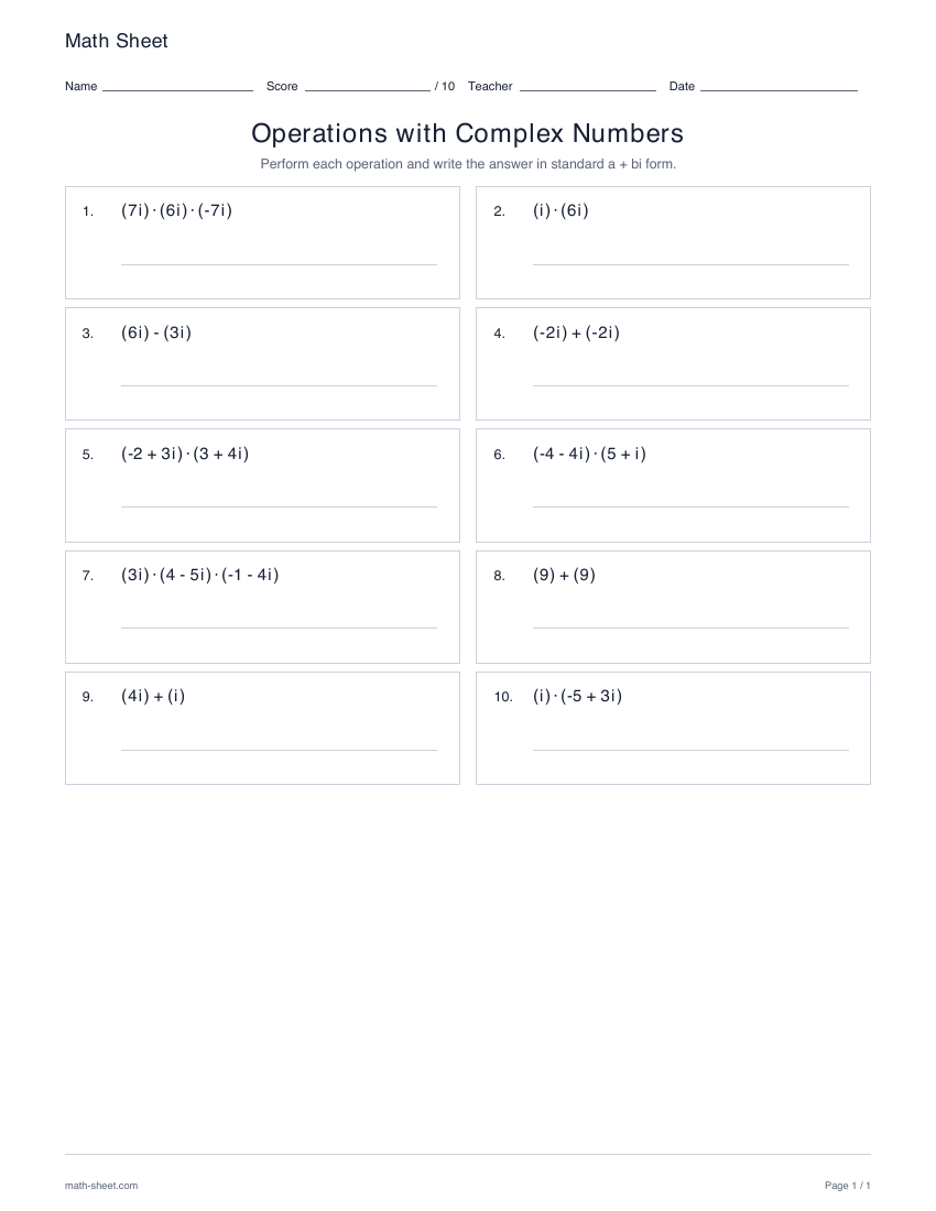 First page preview: Complex number operations worksheets
