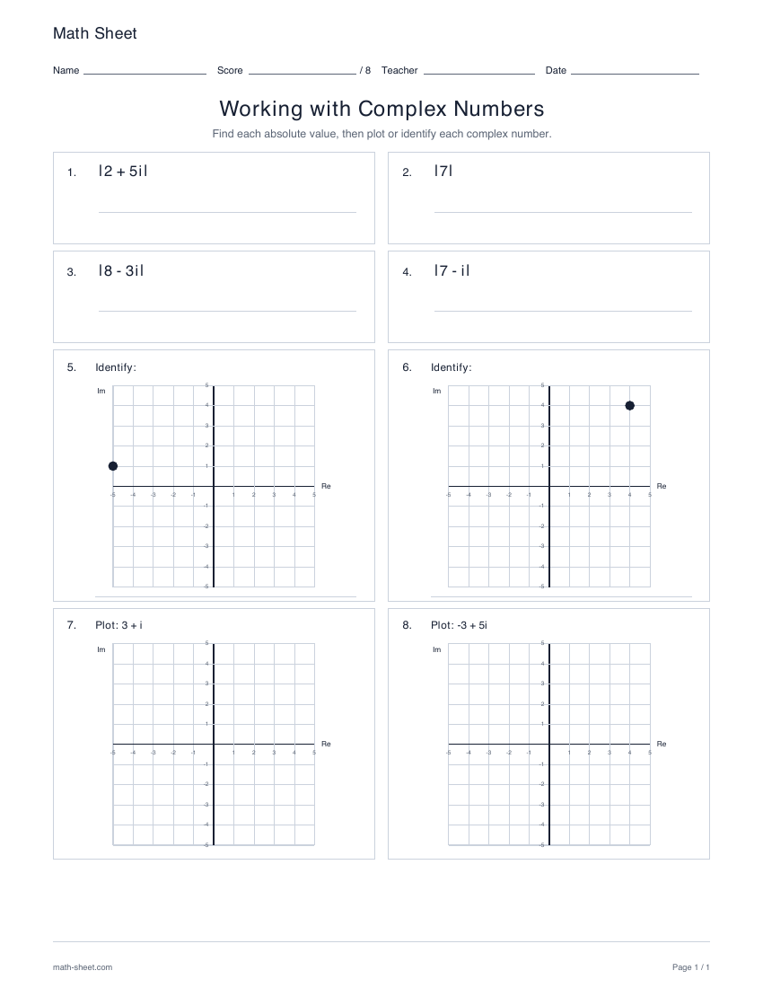 First page preview: Complex numbers review worksheets