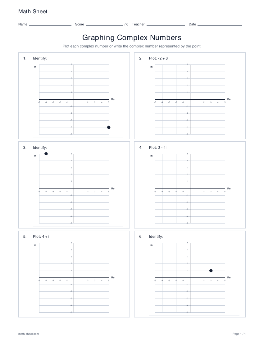 First page preview: Graphing complex numbers worksheets
