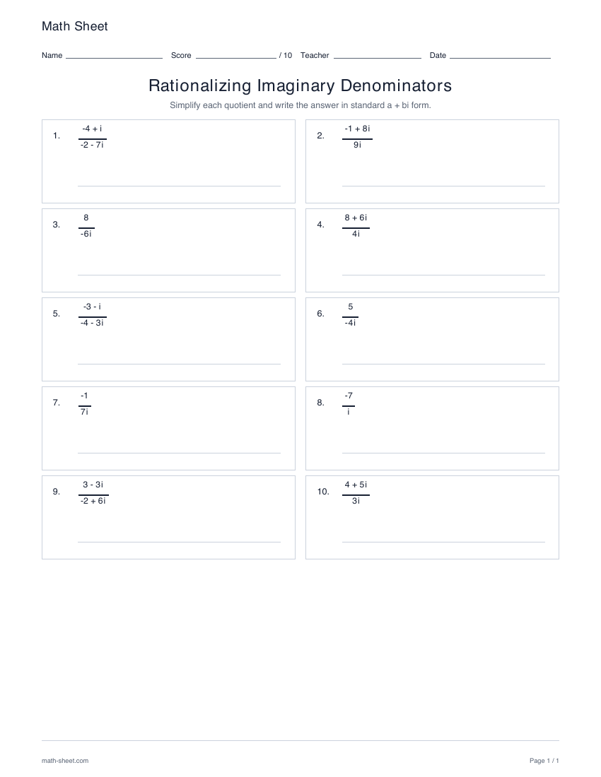 First page preview: Rationalizing complex denominators worksheets