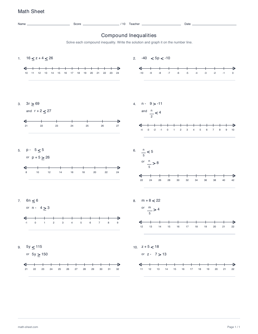 First page preview: compound inequalities worksheets
