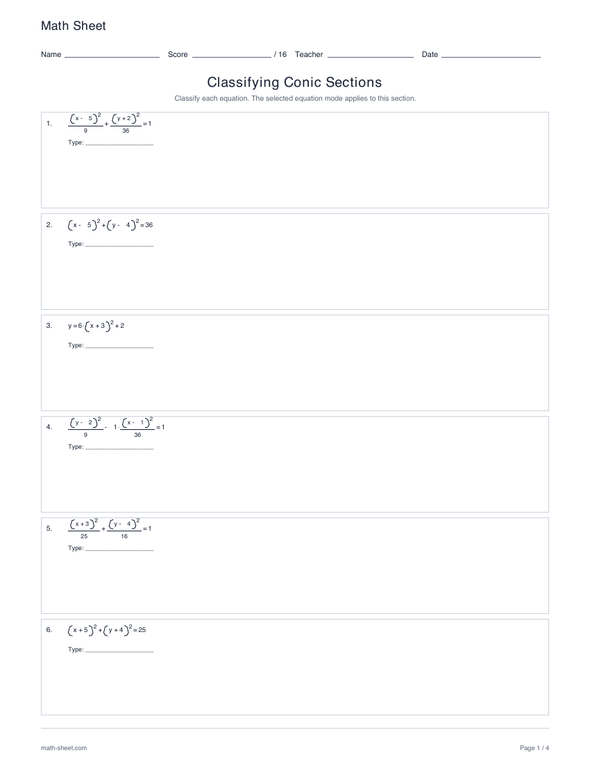 First page preview: Classifying conic sections worksheets