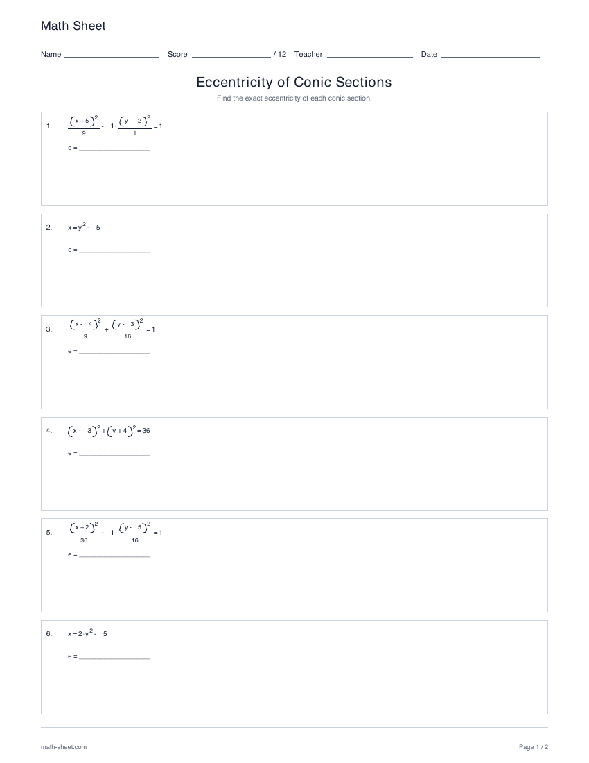First page preview: Eccentricity of conic sections worksheets