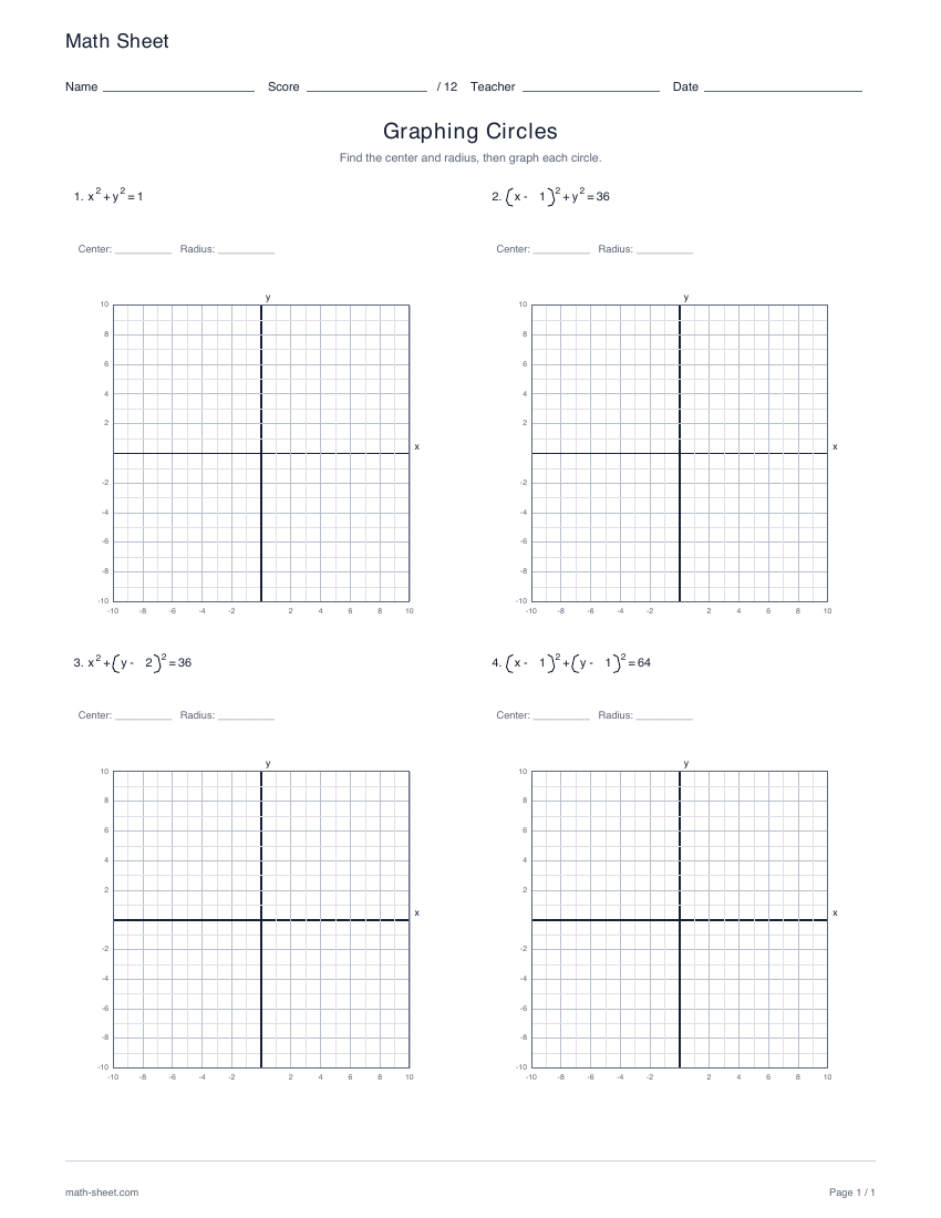 First page preview: Graphing circles worksheets