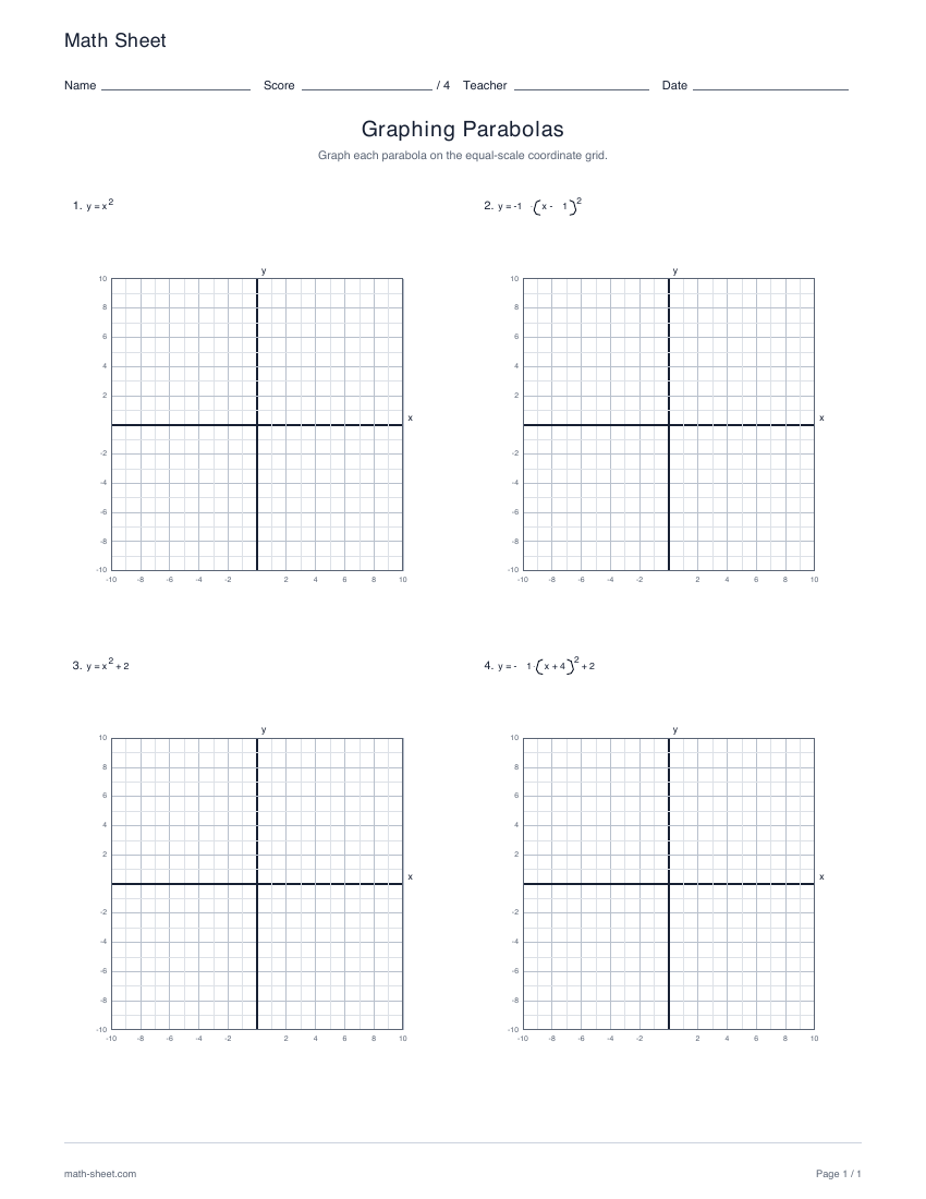 First page preview: Graphing parabolas worksheets