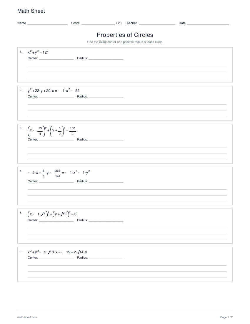 First page preview: Properties of circles worksheets
