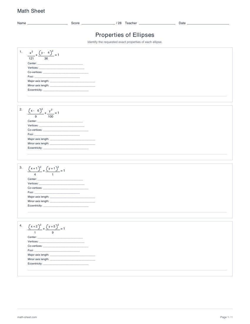 First page preview: Properties of ellipses worksheets