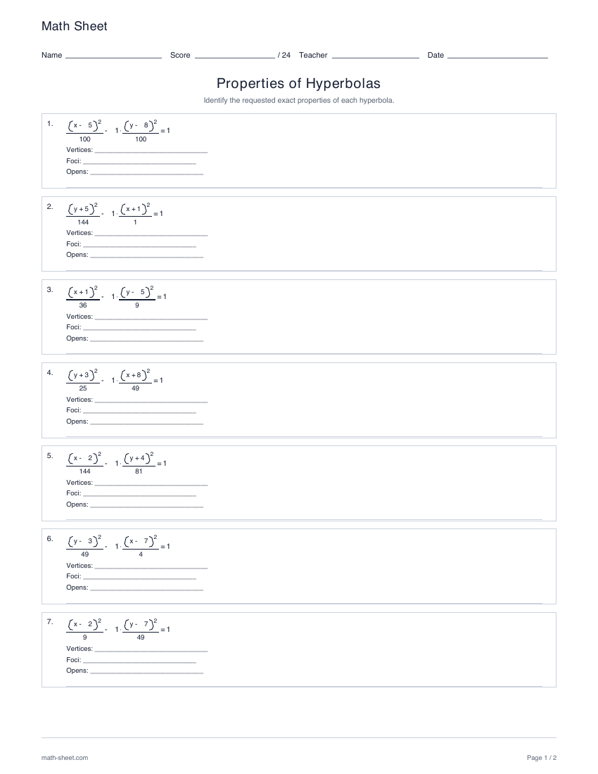 First page preview: Properties of hyperbolas worksheets