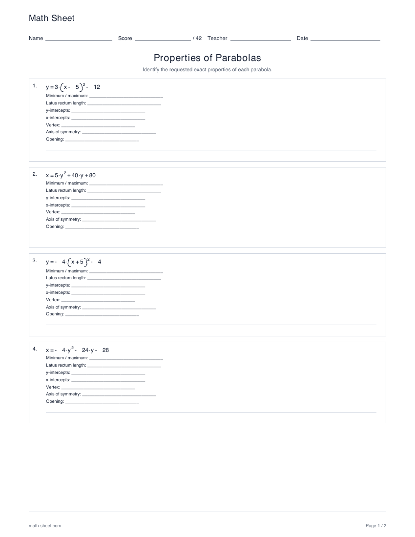 First page preview: Properties of parabolas worksheets