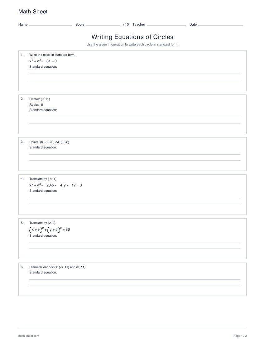 First page preview: Writing equations of circles worksheets