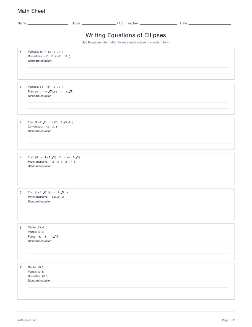 First page preview: Writing equations of ellipses worksheets