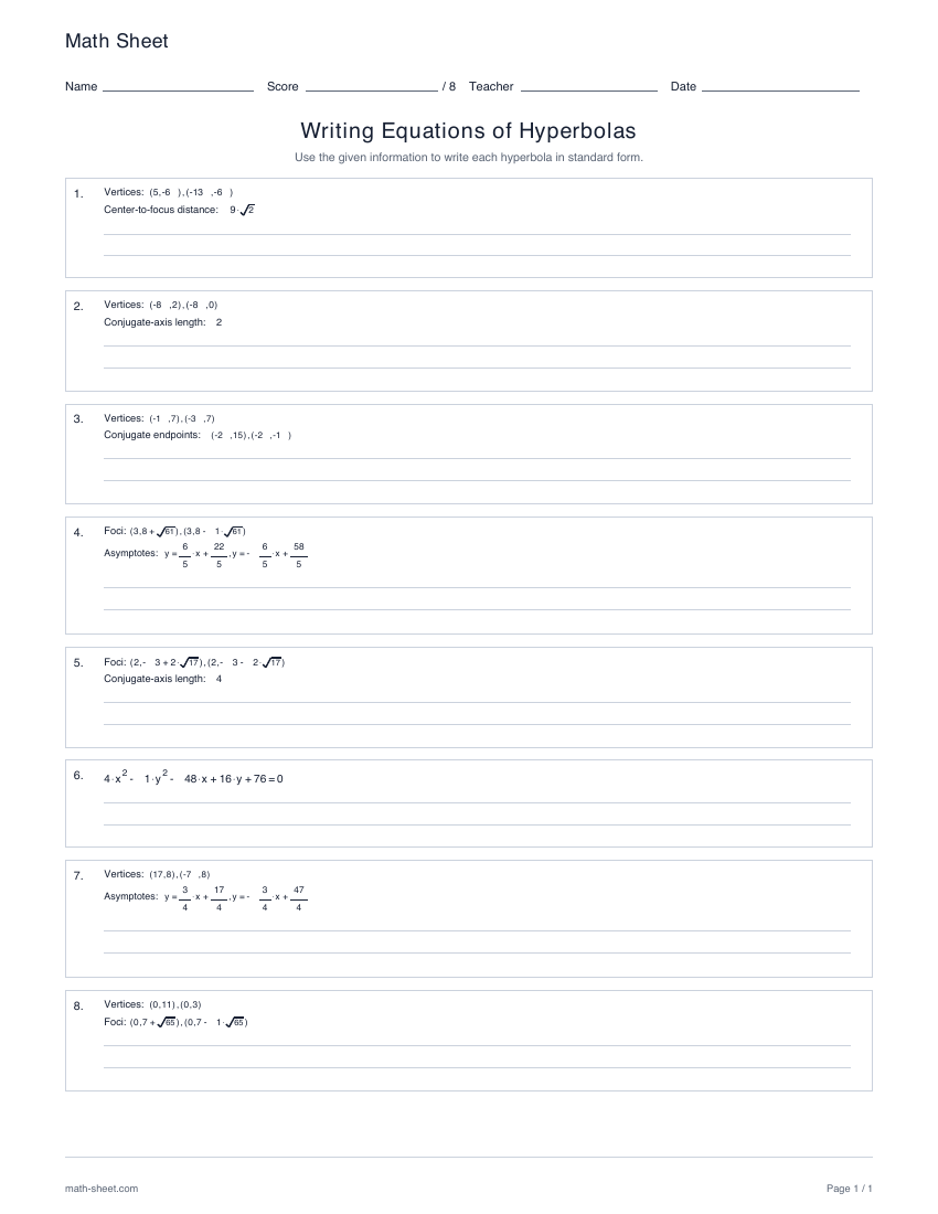 First page preview: Writing equations of hyperbolas worksheets