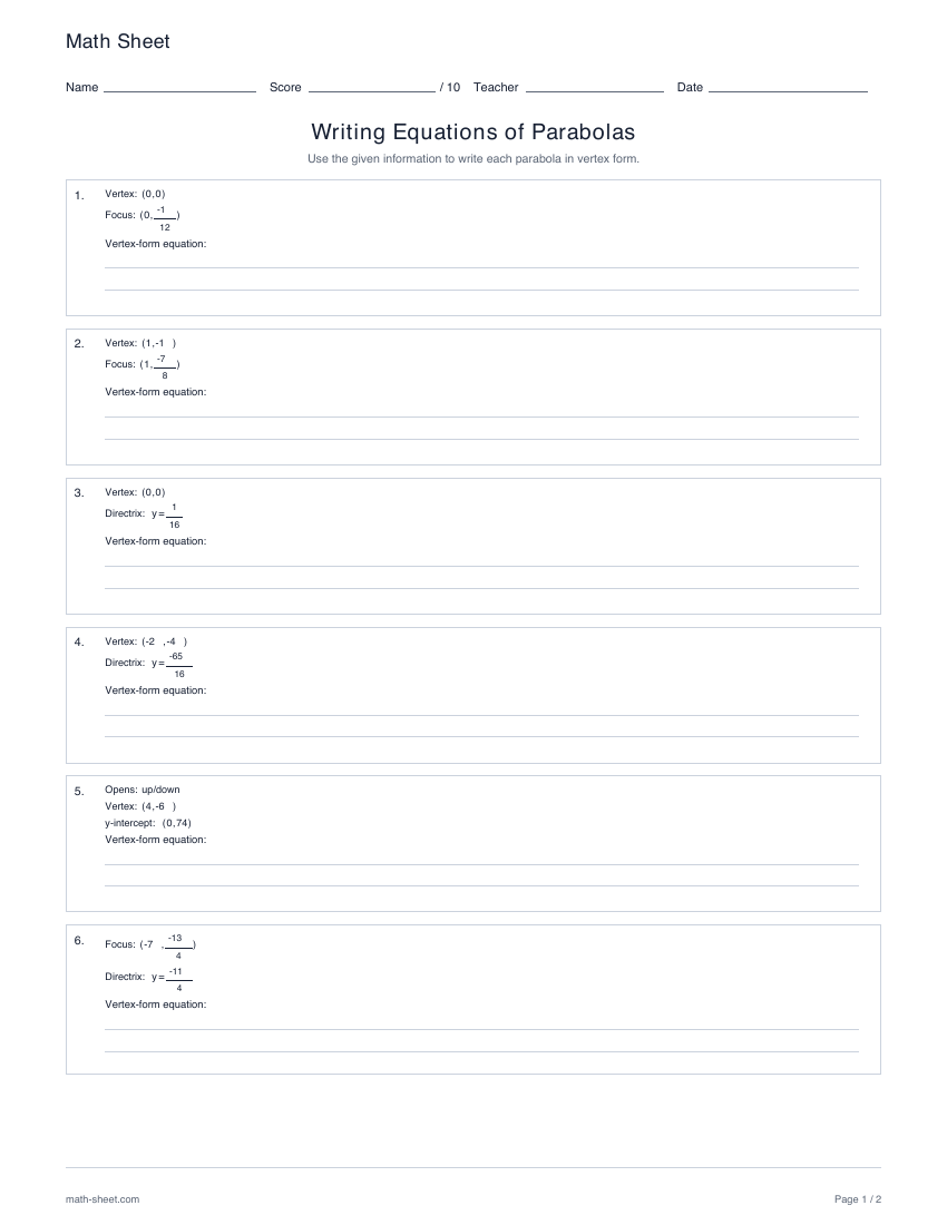 First page preview: Writing equations of parabolas worksheets