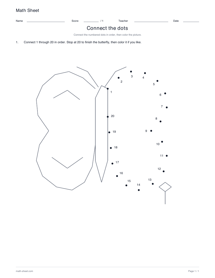 Butterfly · 1–20: partly drawn picture with numbered dots for its missing lines