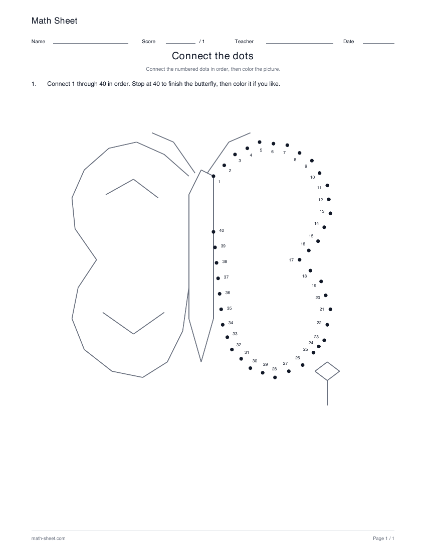 Butterfly · 1–40: partly drawn picture with numbered dots for its missing lines