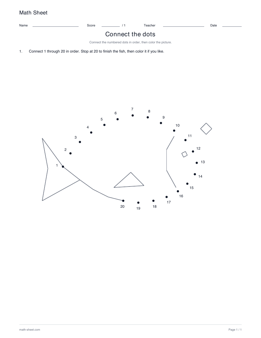 Fish · 1–20: partly drawn picture with numbered dots for its missing lines