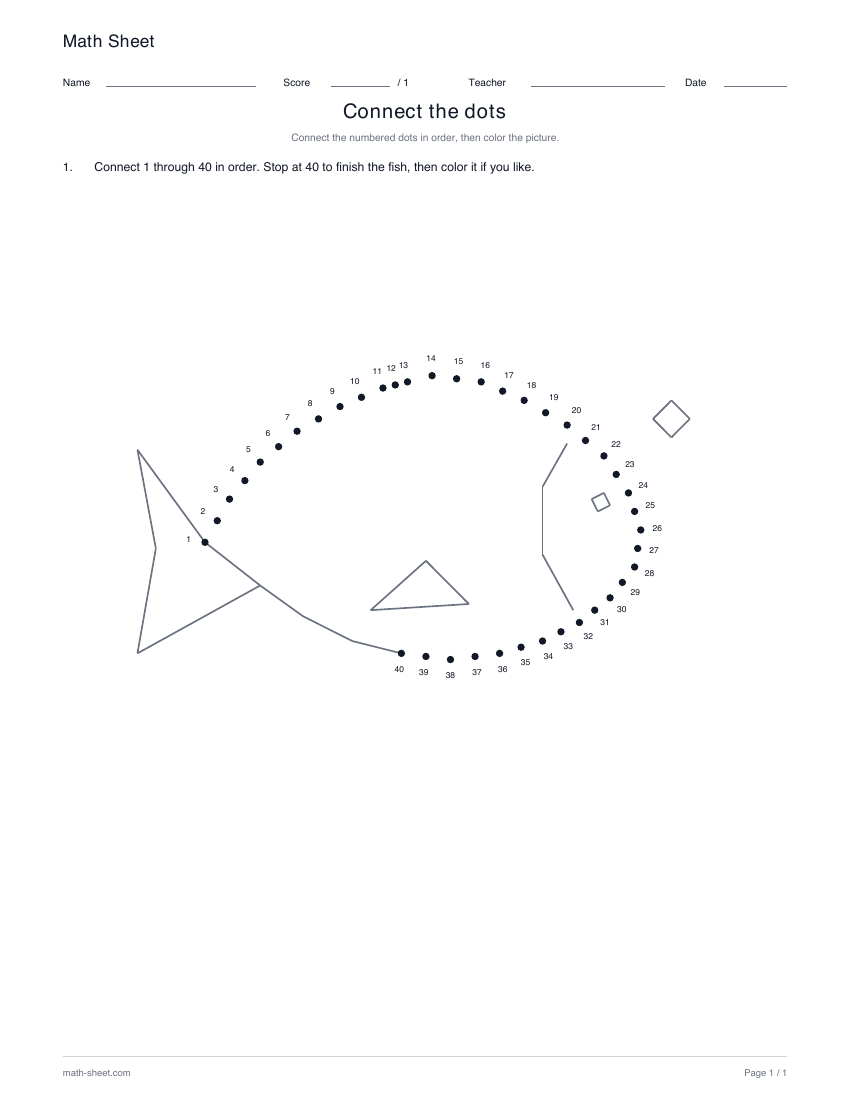 Fish · 1–40: partly drawn picture with numbered dots for its missing lines