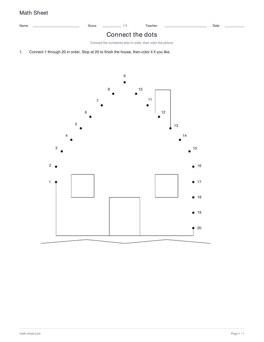 House · 1–20: partly drawn picture with numbered dots for its missing lines