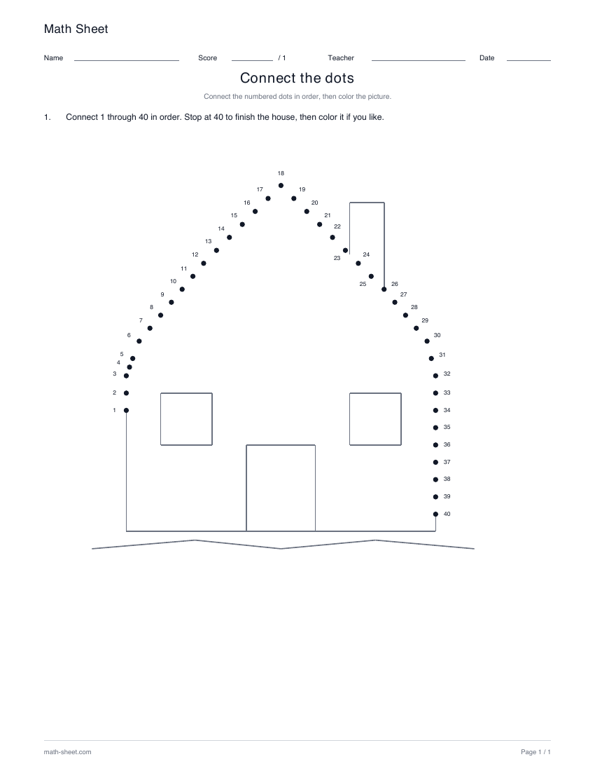 House · 1–40: partly drawn picture with numbered dots for its missing lines