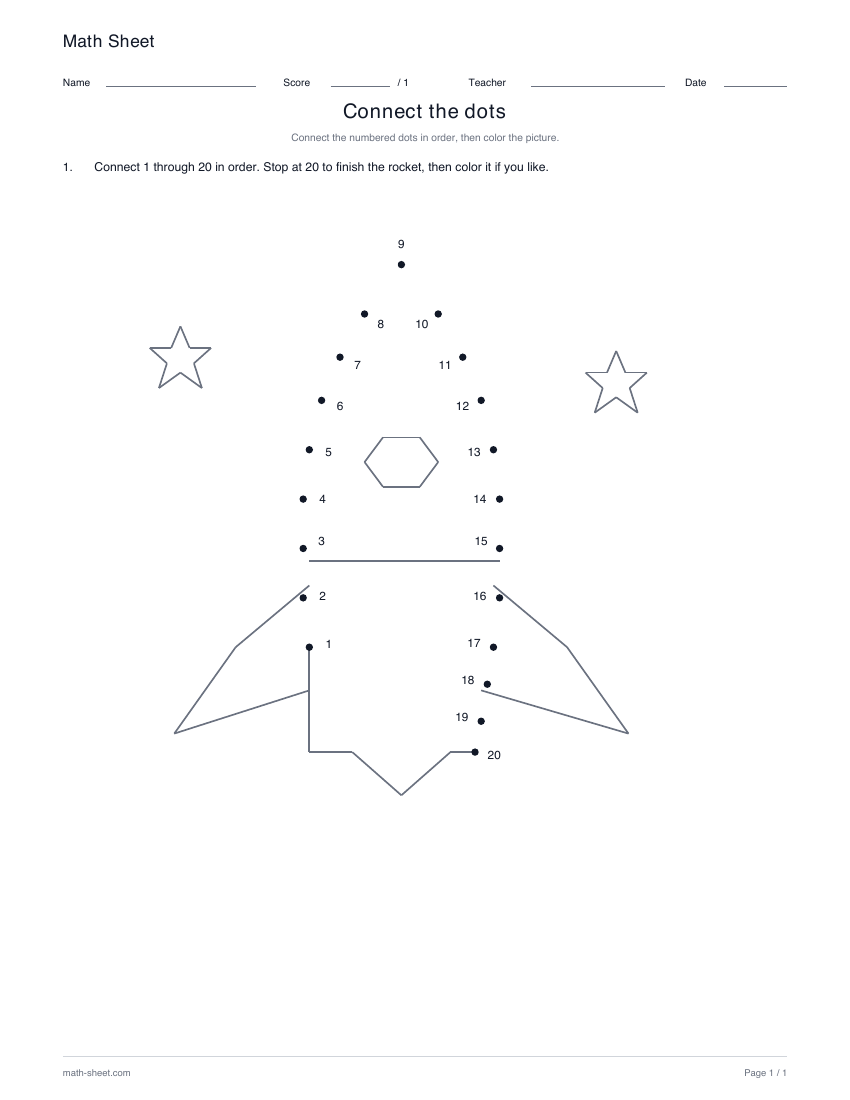 Rocket · 1–20: partly drawn picture with numbered dots for its missing lines