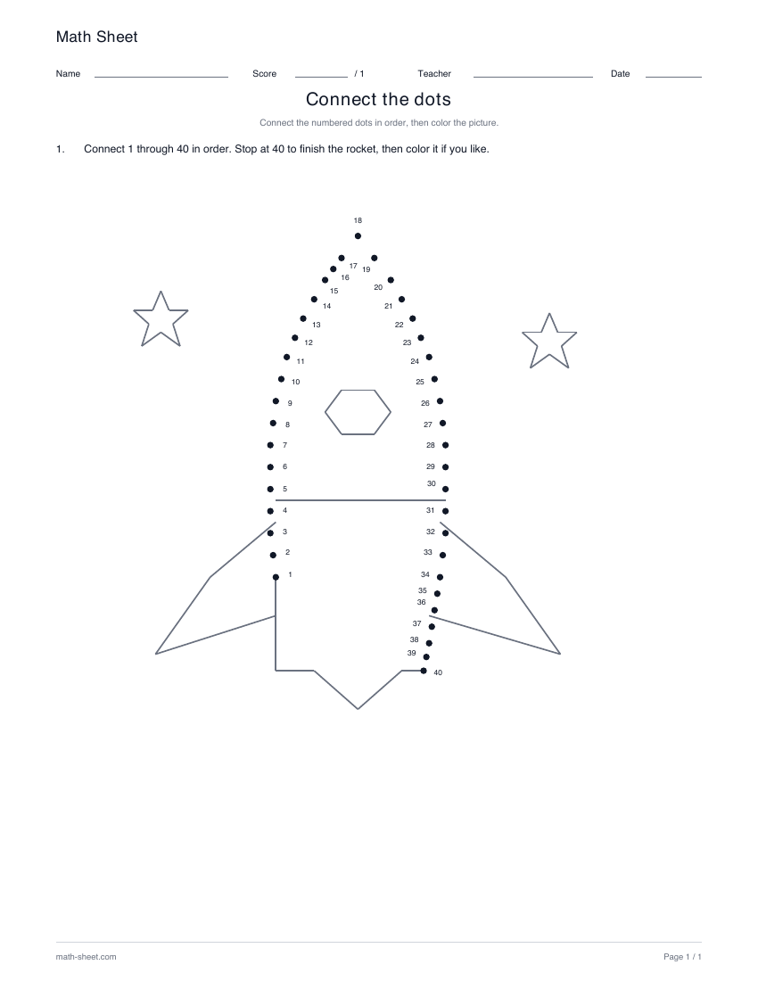 Rocket · 1–40: partly drawn picture with numbered dots for its missing lines