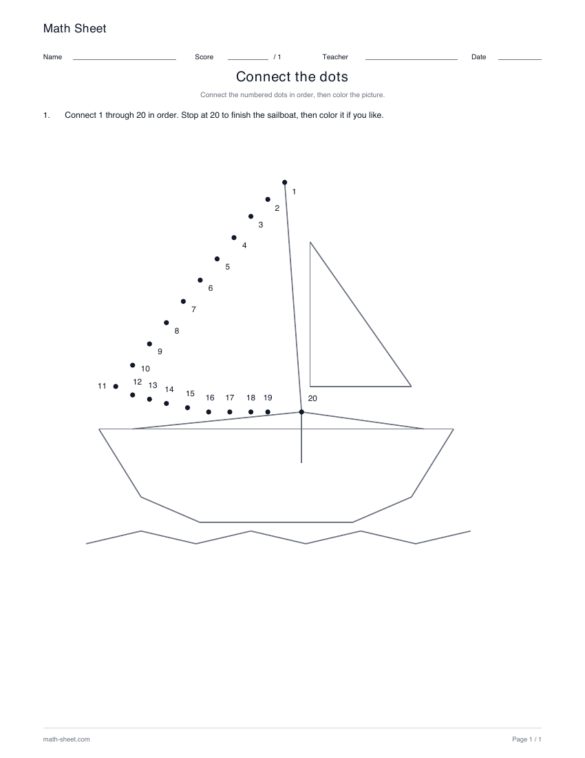 Sailboat · 1–20: partly drawn picture with numbered dots for its missing lines