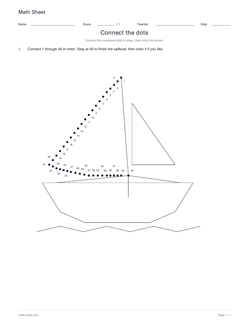 Sailboat · 1–40: partly drawn picture with numbered dots for its missing lines