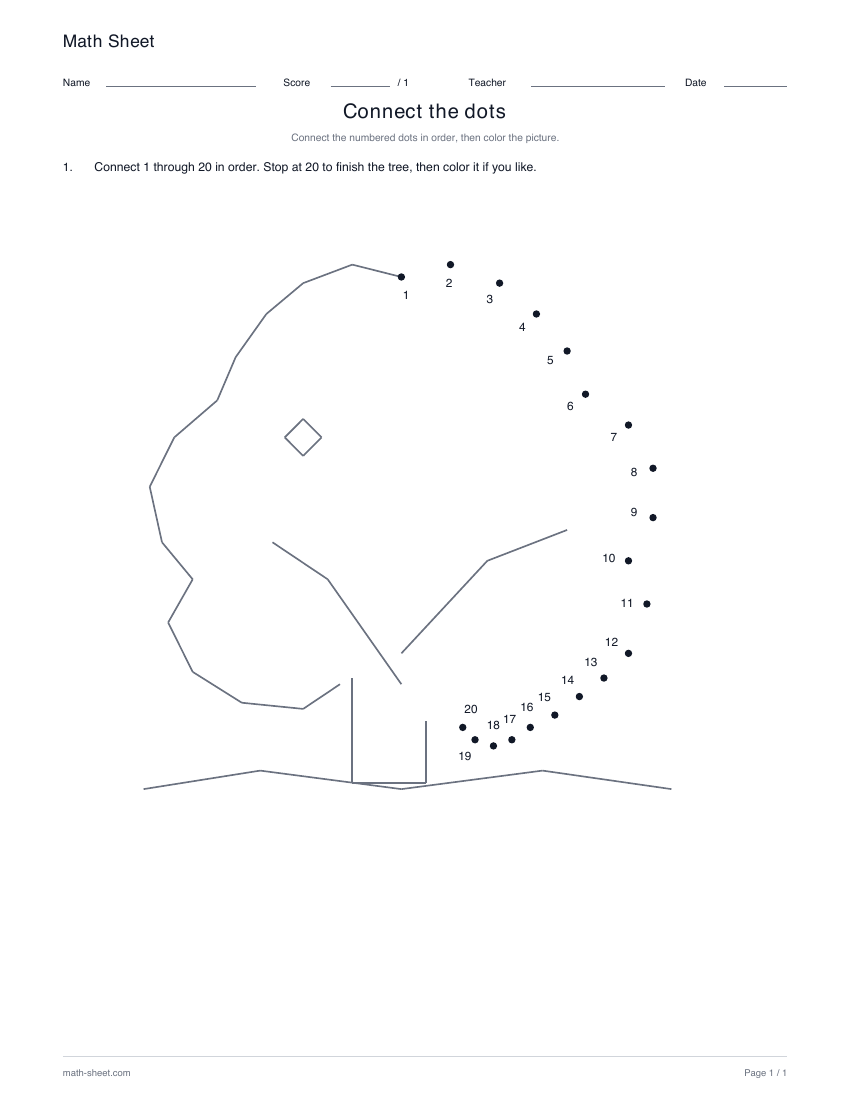 Tree · 1–20: partly drawn picture with numbered dots for its missing lines