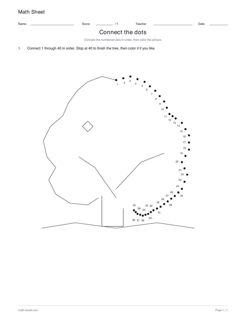 Tree · 1–40: partly drawn picture with numbered dots for its missing lines